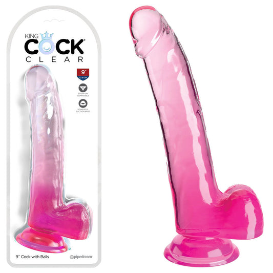 King cock  9'' pink dildo with balls - Product side view and box side view | Flirtybay-adult-store-australia