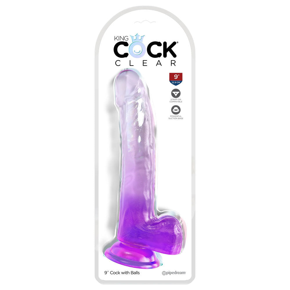 King cock  9'' purple dildo with balls -  box front view | Flirtybay-adult-store-australia
