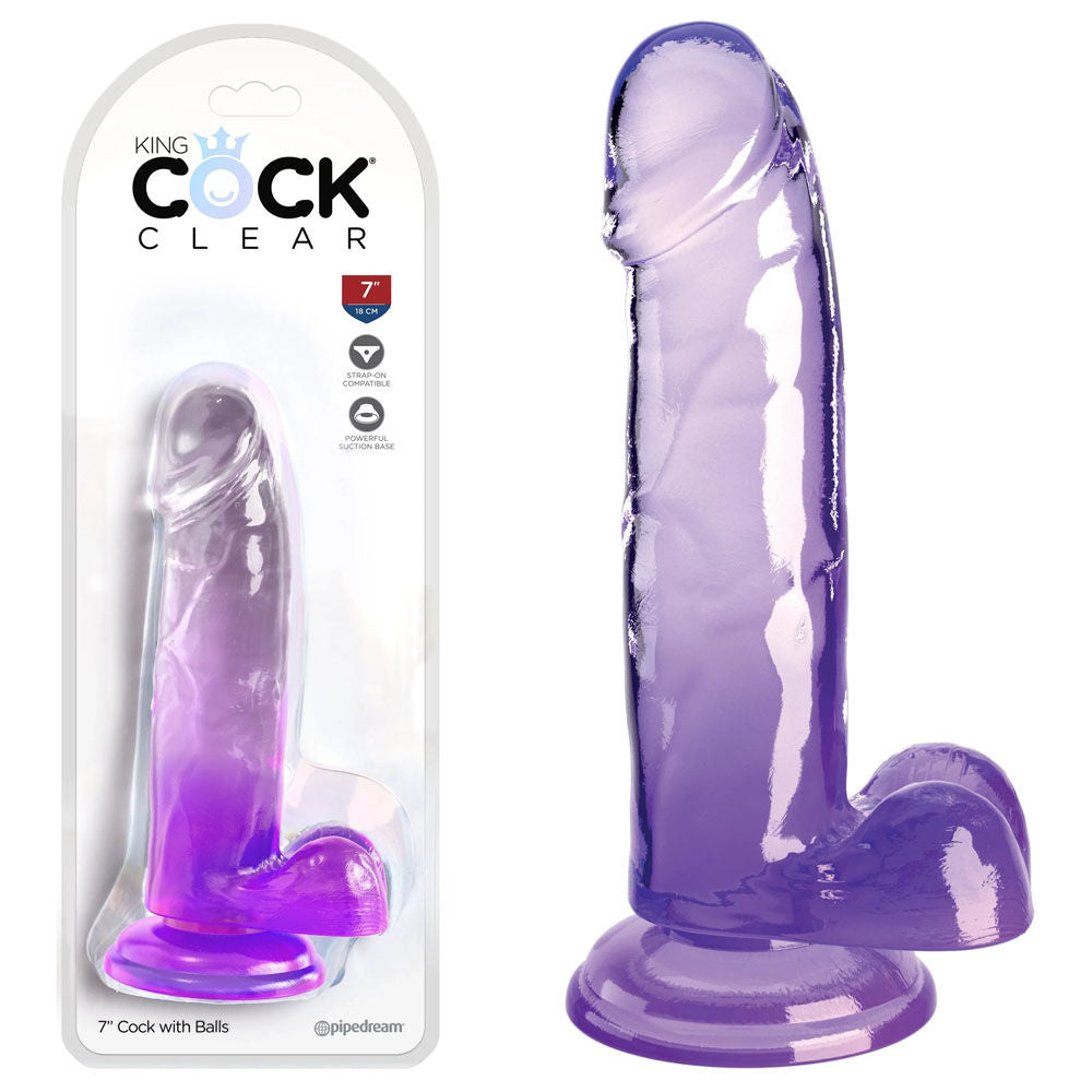 King cock clear 7'' jelly dildo - Purple, Product front view and box front view | Flirtybay Adult Shop Australia Lingerie Shop