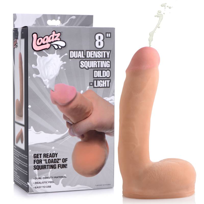 Loadz -  dual density squirting dildo 8'' - Product side view and box front view | Flirtybay