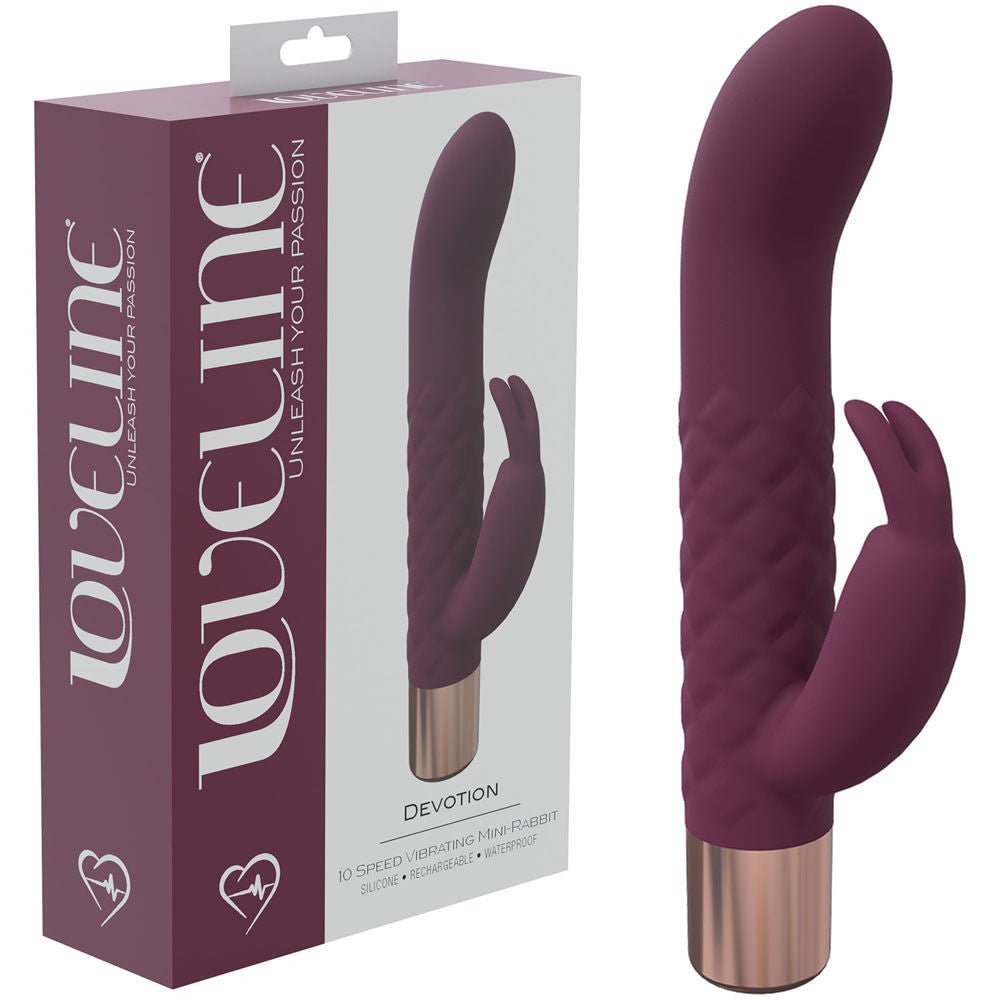 Loveline devotion - burgundy - rabbit vibrator - Product side view and box side view | Flirtybay.com.au