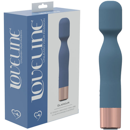 Loveline glamour - blue - vibrating wand - clitoral stimulator - Product front view and box side view | Flirtybay