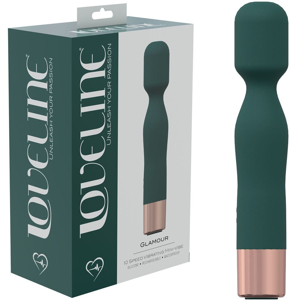 Loveline glamour - green - vibrating wand - clitoral stimulator - Product front view and box side view | Flirtybay