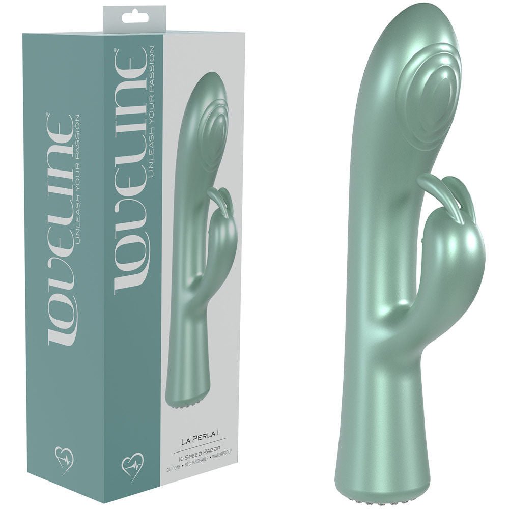 Loveline la perla 1 - rabbit vibrator - Product front view and box side view | Flirtybay