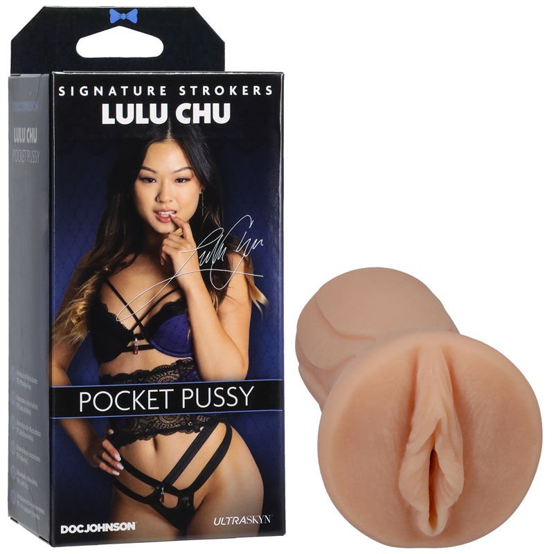 Lulu chu ultraskyn - pocket pussy - masturbator - Product front view and box side view on a white background | Flirty Bay Adult Store and Pocket Pussy in Perth 