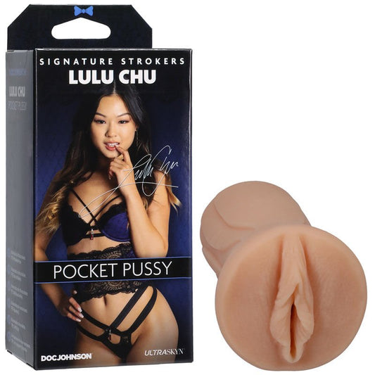 Lulu chu ultraskyn - pocket pussy - masturbator - Product front view and box side view on a white background | Flirty Bay Adult Store and Pocket Pussy in Perth 