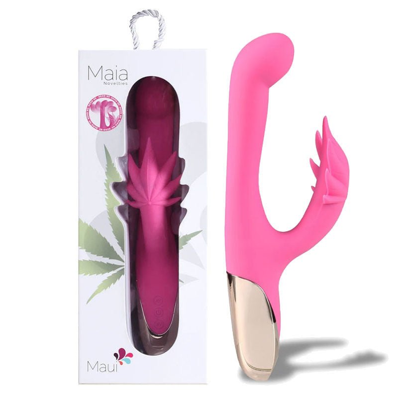 Maia - maui 420 - rabbit vibrator - Product side view and box front view | Flirtybay