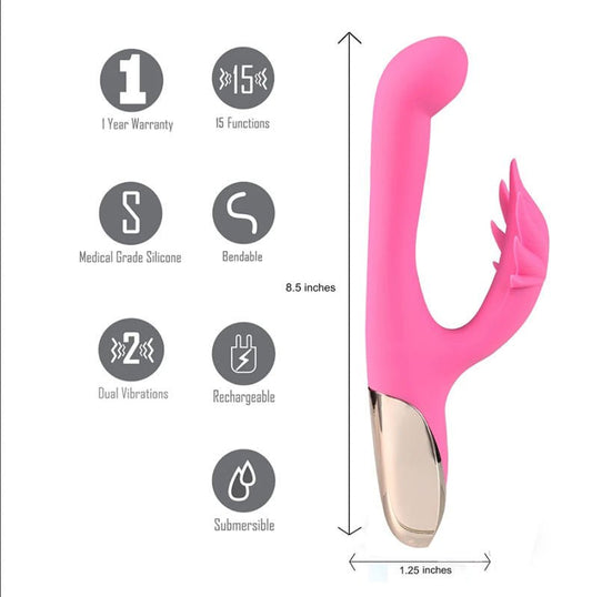 Maia - maui 420 - rabbit vibrator - Product side view, with specifications  | Flirtybay