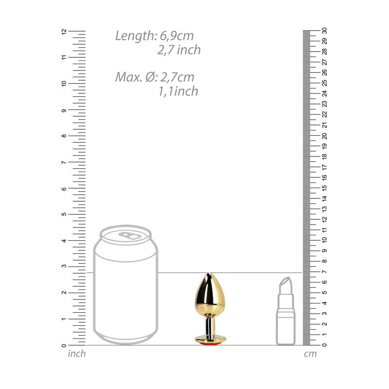 OUCH! - Heart Gem Gold Butt Plug, gold and red, small, front view with dimensions | Flirtybay.com.au