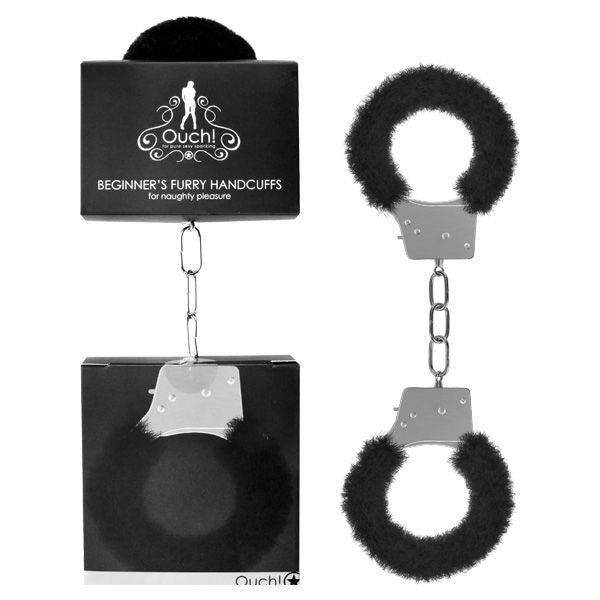 Ouch Beginner's furry handcuffs, black, front view with box | Flirtybay.com.au
