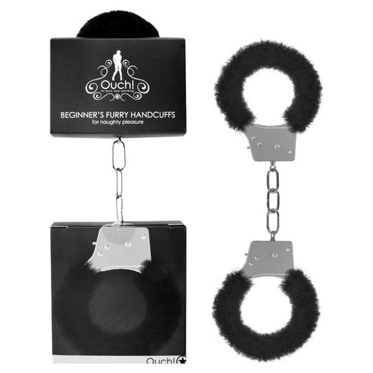 Ouch Beginner's furry handcuffs, black, front view with box | Flirtybay.com.au