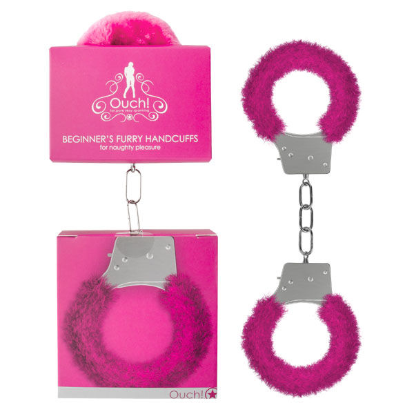 Ouch Beginner's furry handcuffs, pink, front view with box | Flirtybay.com.au