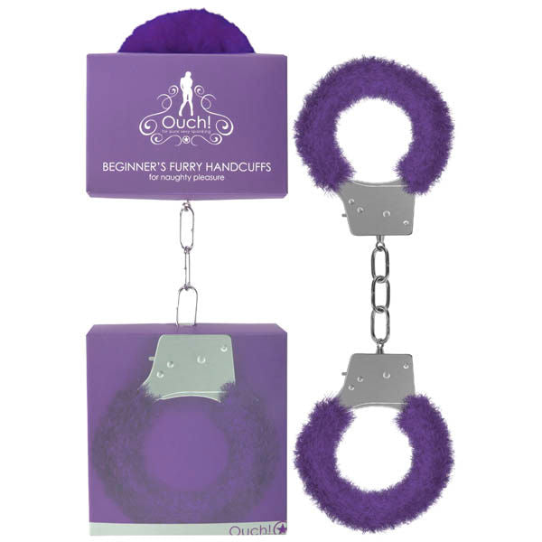 Ouch Beginner's furry handcuffs, purple, front view with box | Flirtybay.com.au