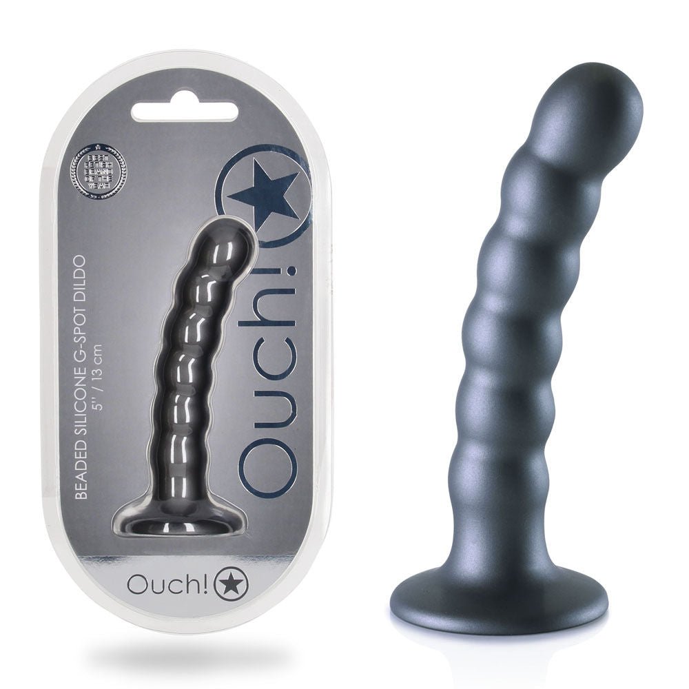 Ouch! beaded silicone g-spot dildo - 5'' - Product front view and box front view | Flirtybay