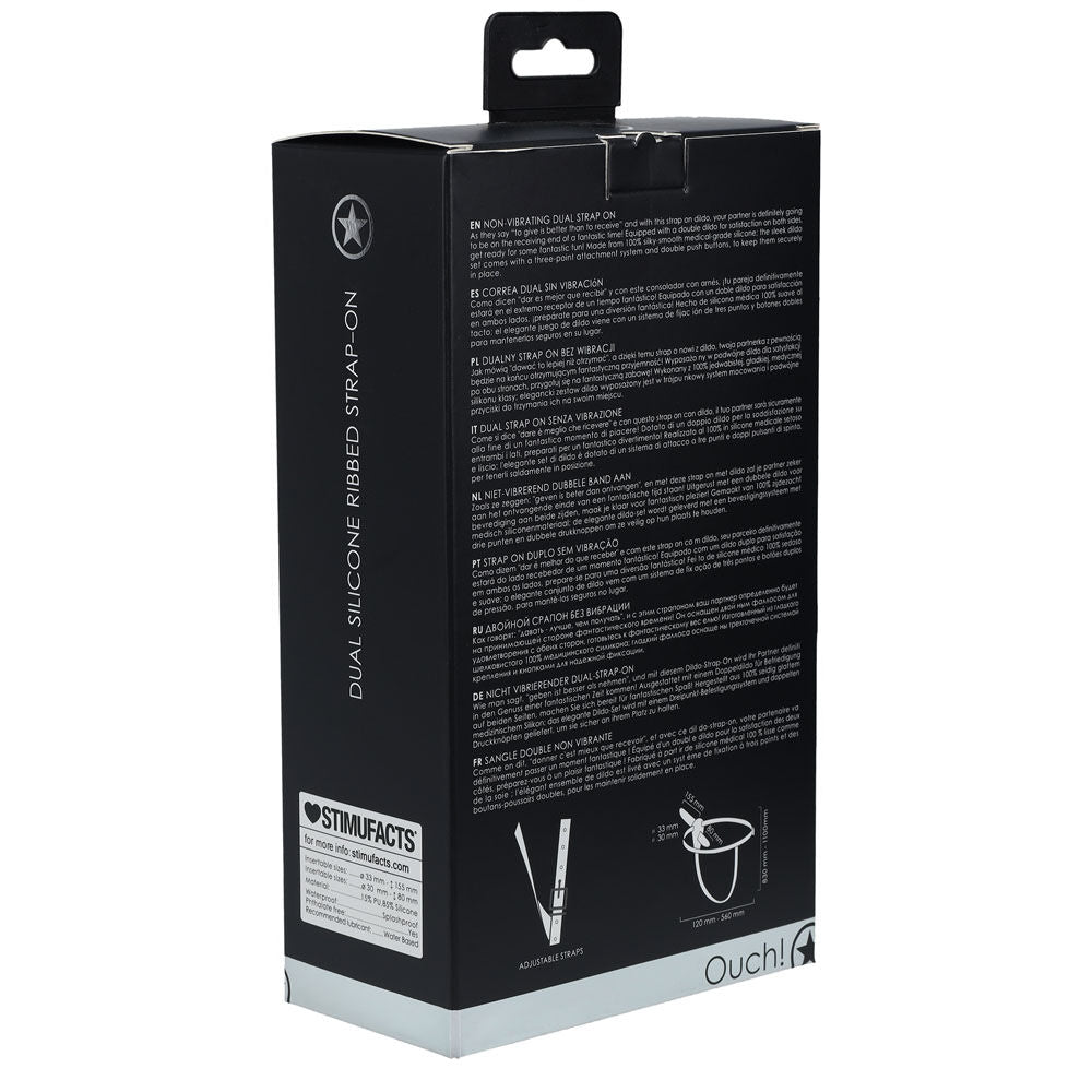 Ouch! dual silicone ribbed strap-on -  box side view | Flirtybay