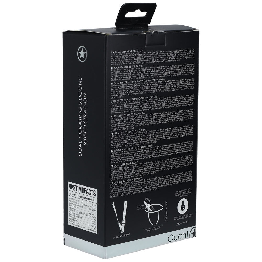 Ouch! dual vibrating silicone ribbed strap-on -  box side view | Flirtybay