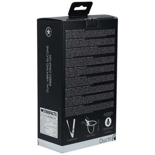 Ouch! dual vibrating silicone ribbed strap-on -  box side view | Flirtybay