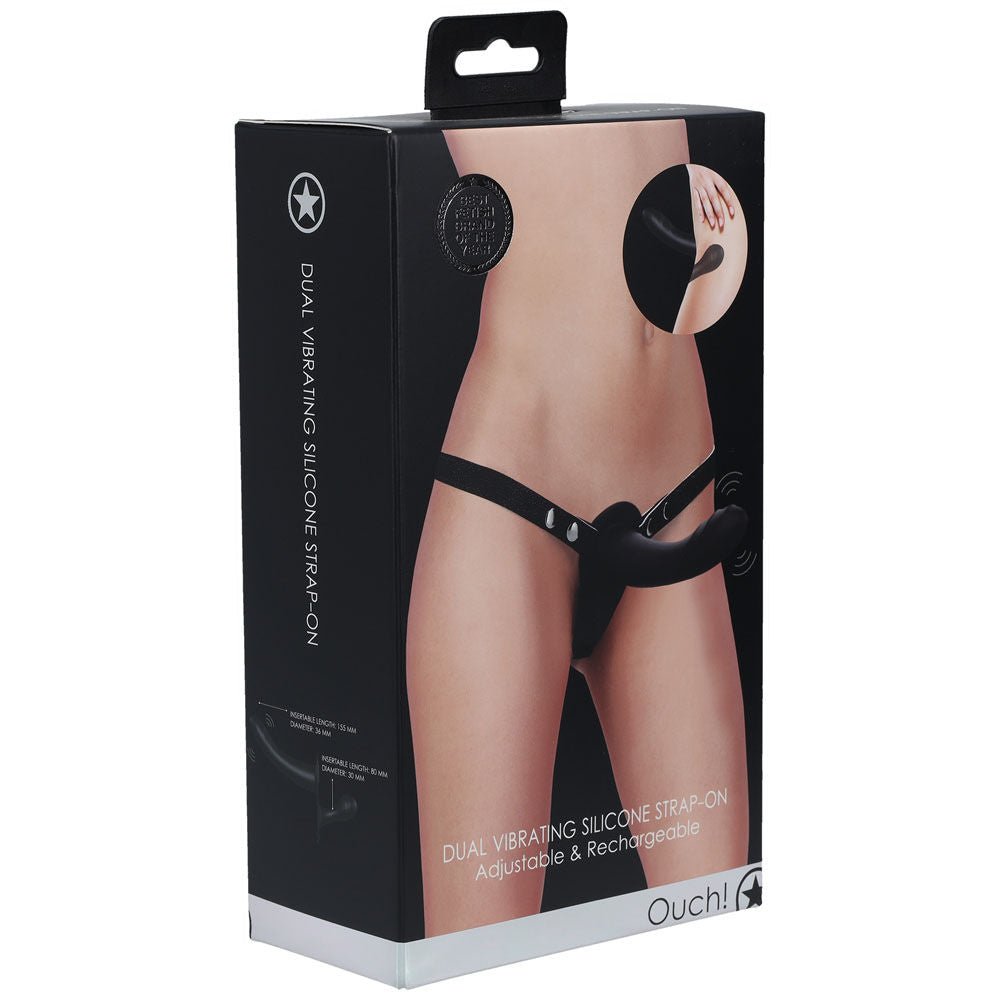 Ouch! dual vibrating silicone strap-on -  box side view | Flirtybay