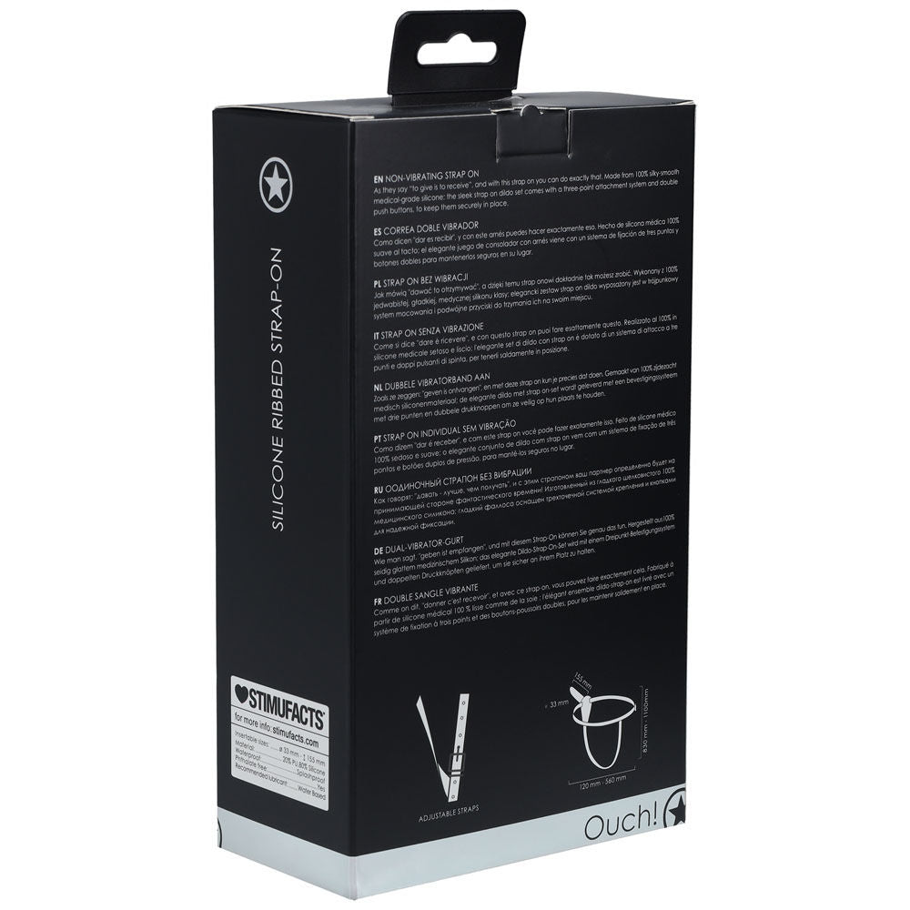 Ouch! silicone ribbed strap-on -  box back view | Flirtybay