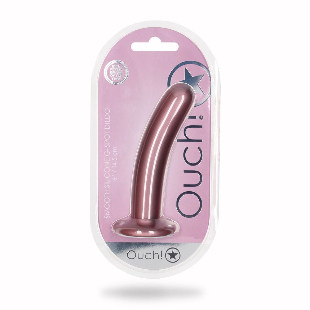 Ouch! smooth silicone g-spot anal dildo - 6 - rose gold -  box front view | Flirtybay