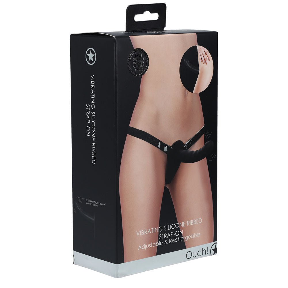 Ouch! vibrating silicone ribbed strap-on -  box side view | Flirtybay