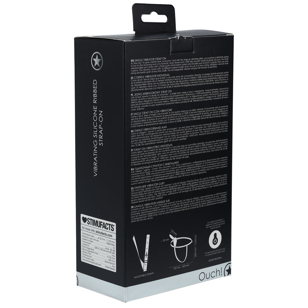 Ouch! vibrating silicone ribbed strap-on -  box side view | Flirtybay