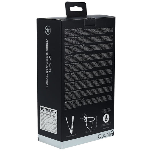 Ouch! vibrating silicone ribbed strap-on -  box side view | Flirtybay