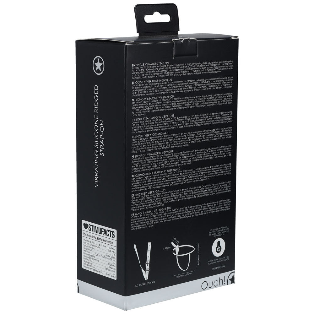 Ouch! vibrating silicone ridged strap-on -  box side view | Flirtybay.com.au