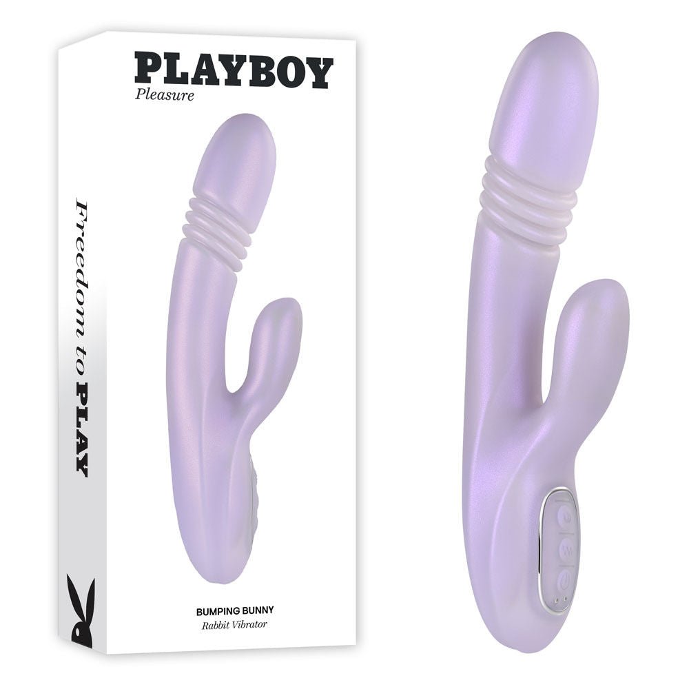 Playboy - pleasure bumping bunny - rabbit vibrator - Product side view and box side view | Flirtybay