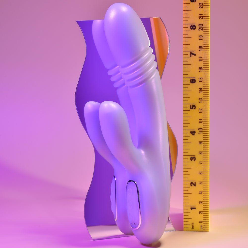 Playboy - pleasure bumping bunny - rabbit vibrator - Product side view, with dimensions  | Flirtybay