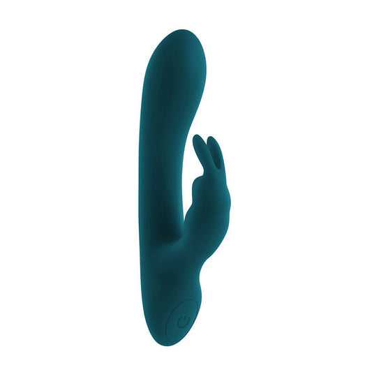 Side view of the teal Playboy Pleasure Lil Rabbit vibrator on a clean white background | Flirty Bay adult store and lingerie store