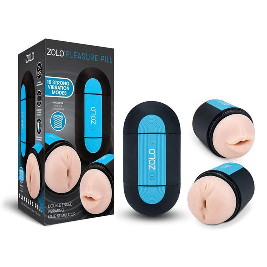 Zolo Pleasure Pill vibrating male masturbator shown closed, with two close-up views highlighting the realistic vagina and butt entrances, and the packaging visible in the same image, on a clean white background | Flirty Bay adult store Perth