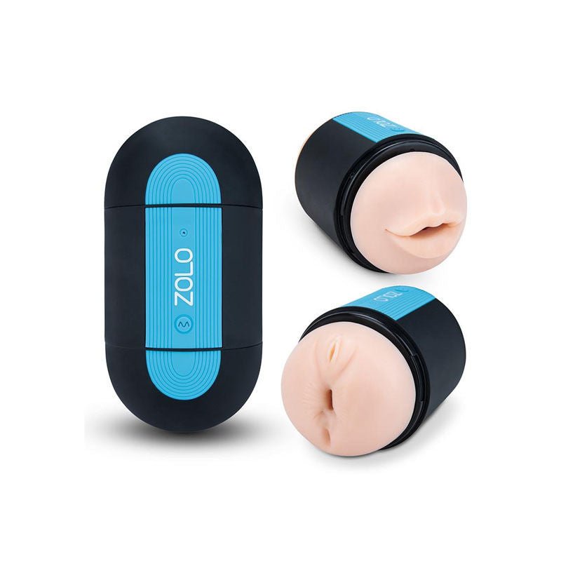 Zolo Pleasure Pill vibrating pocket pussy and realistic butt masturbator shown closed, with two detailed close-ups of the entrances on the same image, on a clean white background | Flirty Bay adult store Perth