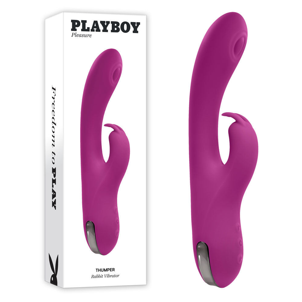 Side view of the packaging and Playboy Pleasure Thumpur thumping rabbit vibrator on a clean white background | Flirty Bay adult store and lingerie boutique