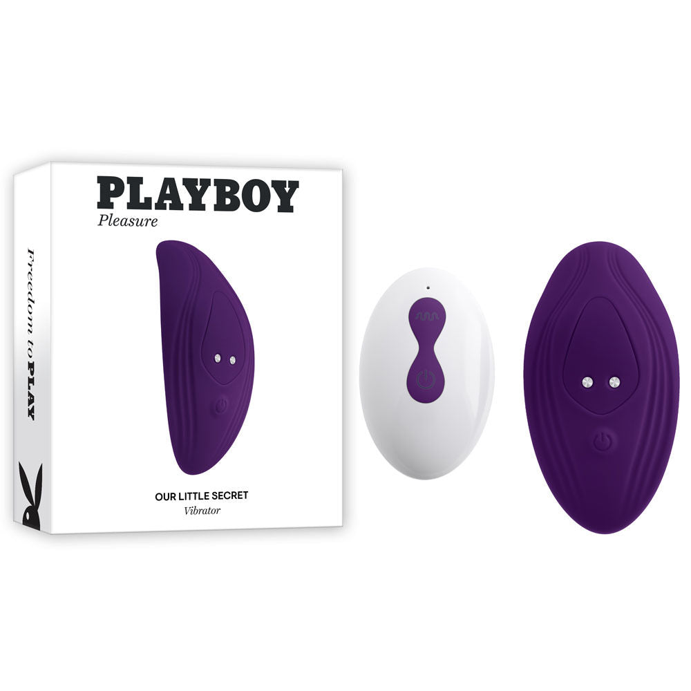 Front view of the packaging and the purple Playboy Pleasure 'Our Little Secret' vibrating panties, on a clean white background | Flirty Bay adult store and lingerie store