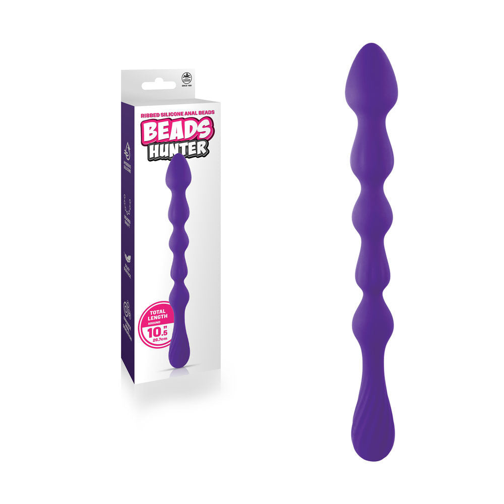 Front view of purple silicone anal beads with packaging on left side, showcasing sleek beaded shaft and premium silicone design | Flirty Bay, anal plug adult store Australia