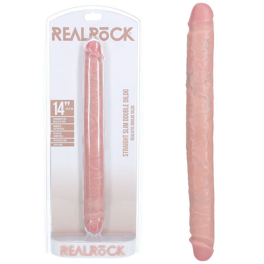 Realrock 13.7"  slim double-ended dildo - Product front view and box front view | Flirtybay