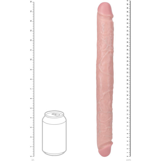 Realrock 15.7" thick double-ended dildo - Product front view, with dimensions | Flirtybay