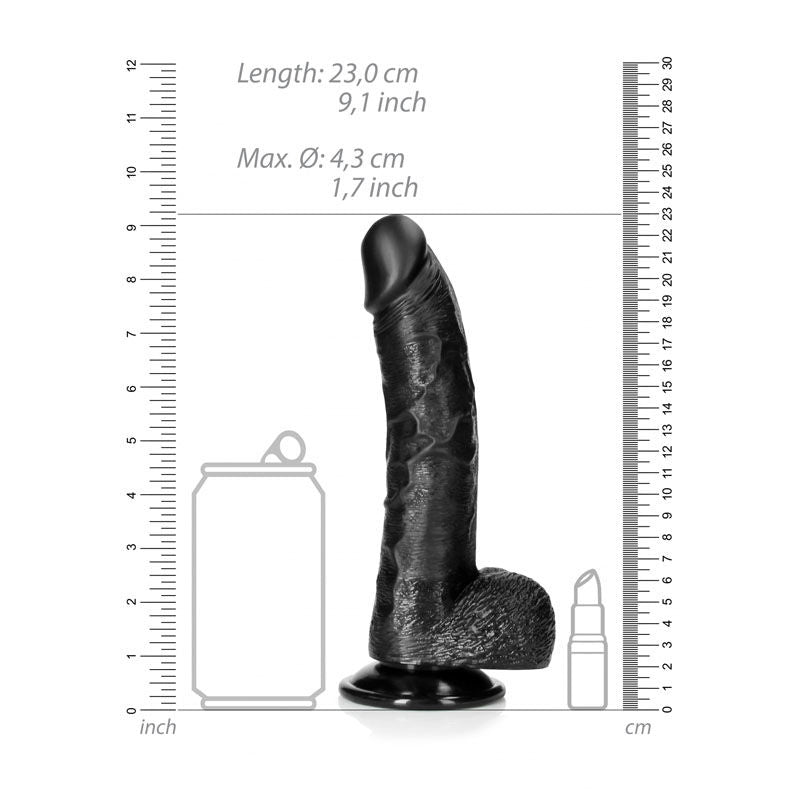 Realrock - realistic curved dildo - 8" black - Product front view, with dimensions  | Flirtybay Adult Shop Australia Lingerie Shop