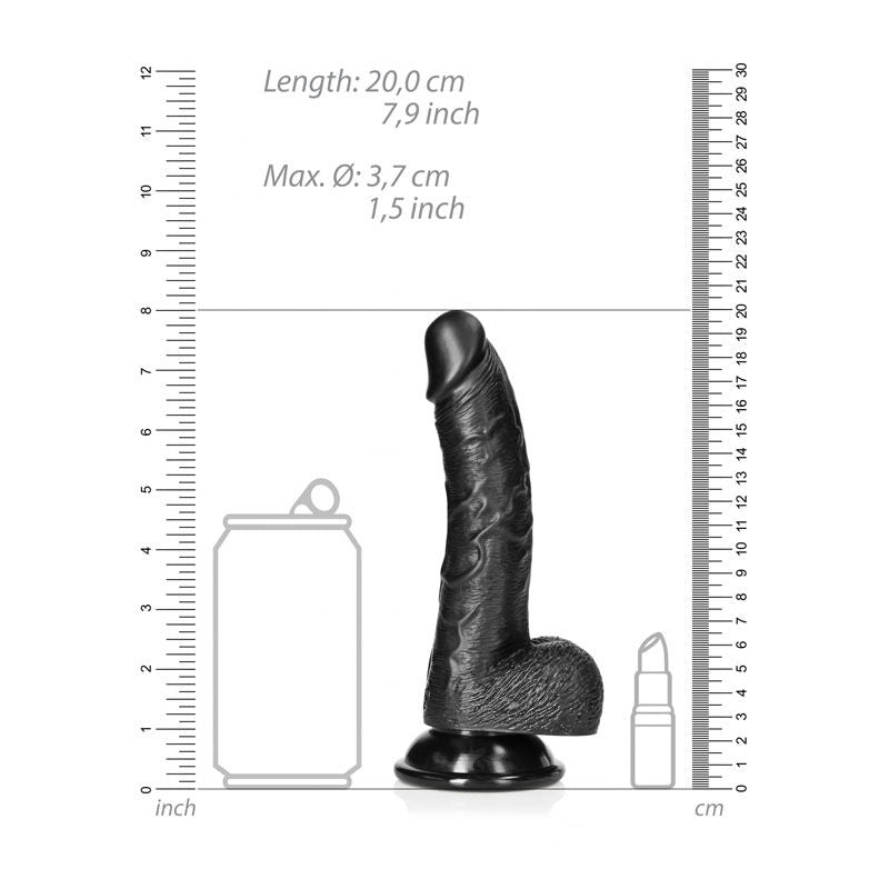 Realrock realistic regular curved dong with balls - 18 cm - Product side view, with dimensions  | Flirtybay Adult Shop Australia Lingerie Shop
