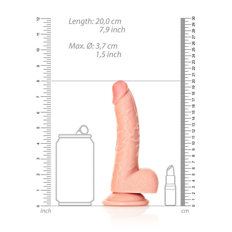 Realrock realistic regular curved dong with balls - 18 cm flesh - Product side view, with dimensions  | Flirtybay Adult Shop Australia Lingerie Shop