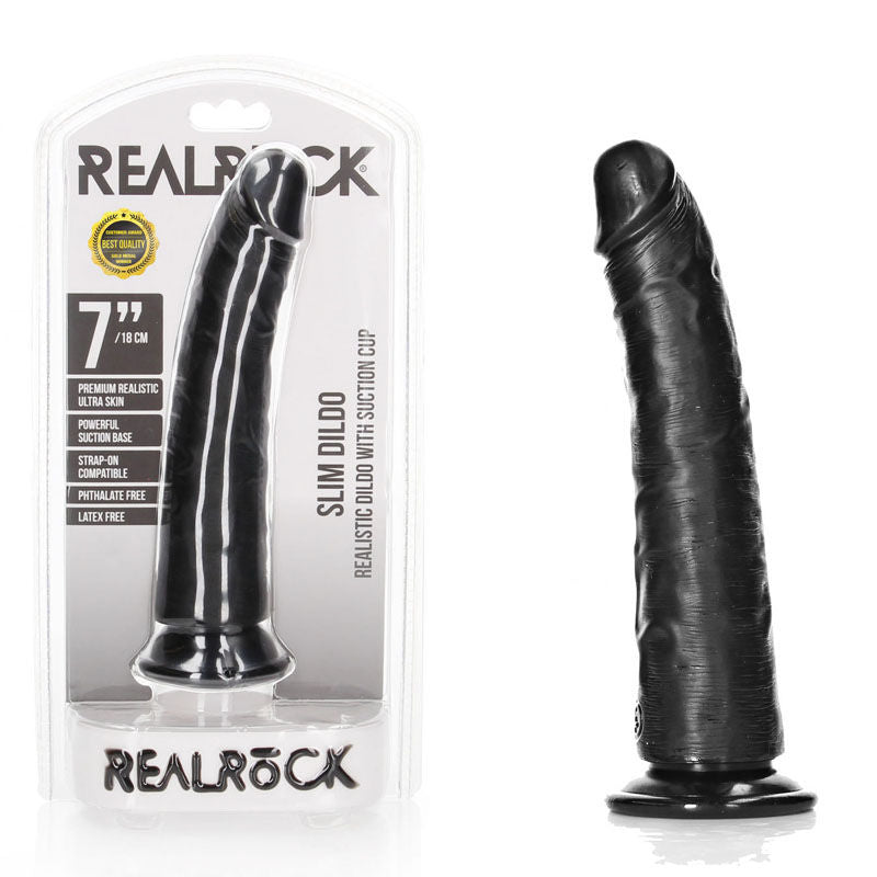 Realrock realistic slim dildo - 7" - Product front view and box front view | Flirtybay Adult Shop Australia Lingerie Shop
