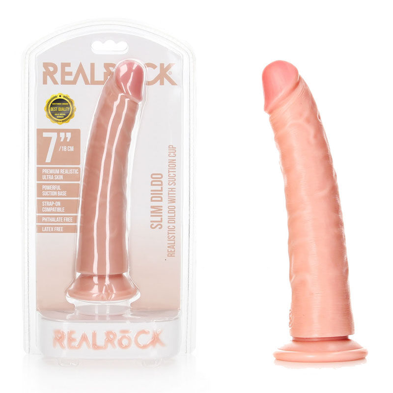Realrock realistic slim dildo - 7" flesh - Product front view and box front view | Flirtybay Adult Shop Australia Lingerie Shop