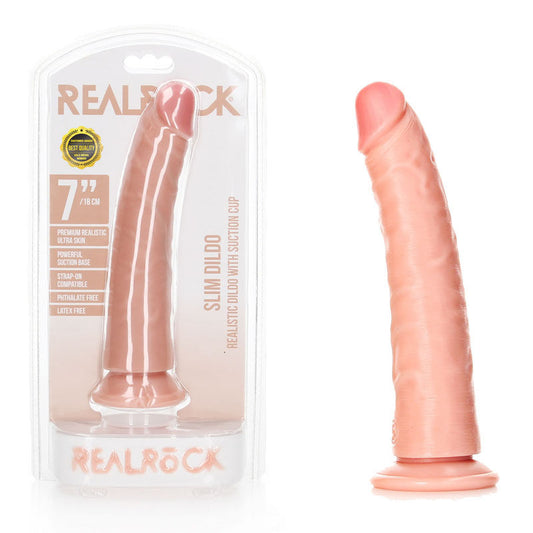 Realrock realistic slim dildo - 7" flesh - Product front view and box front view | Flirtybay Adult Shop Australia Lingerie Shop