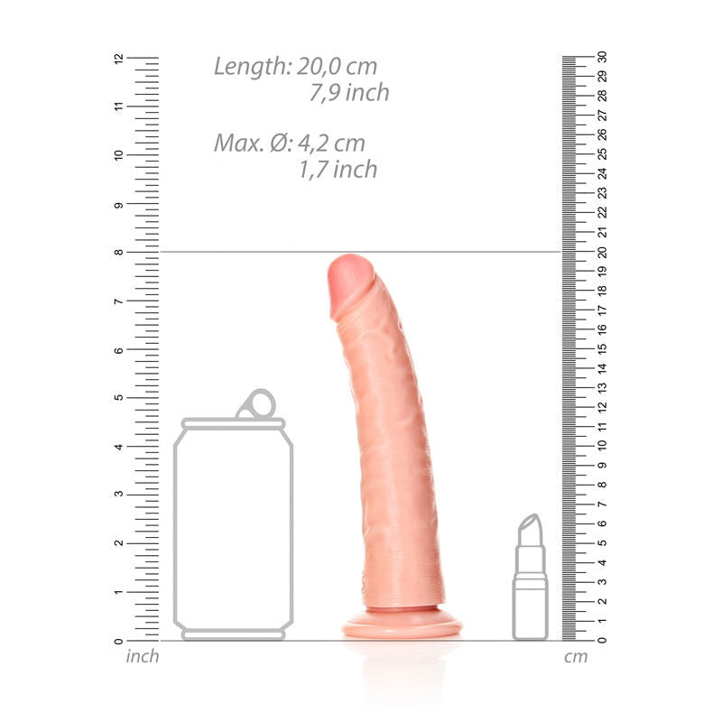 Realrock realistic slim dildo - 7" flesh- Product side view, with dimensions  | Flirtybay Adult Shop Australia Lingerie Shop