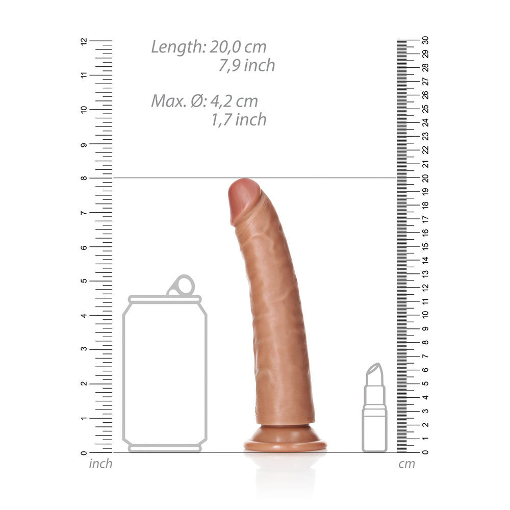 Realrock - realistic slim dildo with suction cup - 7" - Product side view, with dimensions  | Flirtybay Adult Shop Australia Lingerie Shop