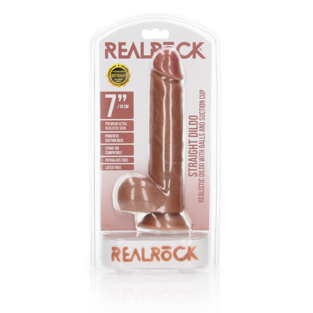 Realrock straight realistic dildo with balls - 7" -  box front view | Flirtybay Adult Shop Australia Lingerie Shop