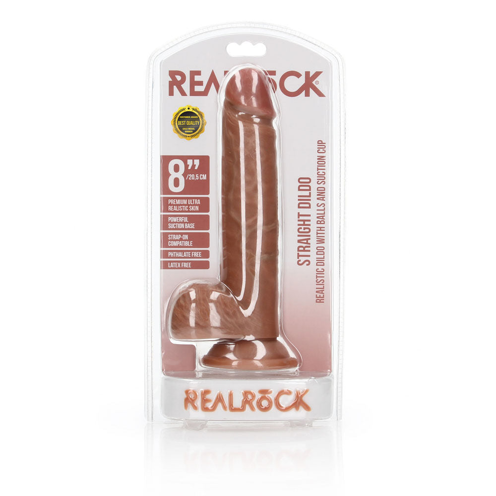 Realrock straight realistic dildo with balls - 8" -  box front view | Flirtybay Adult Shop Australia Lingerie Shop