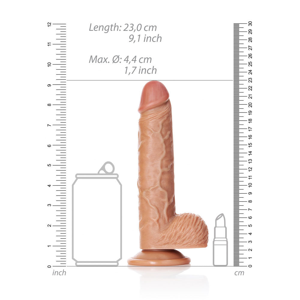 Realrock straight realistic dildo with balls - 8" with dimensions - Product side view  | Flirtybay Adult Shop Australia Lingerie Shop