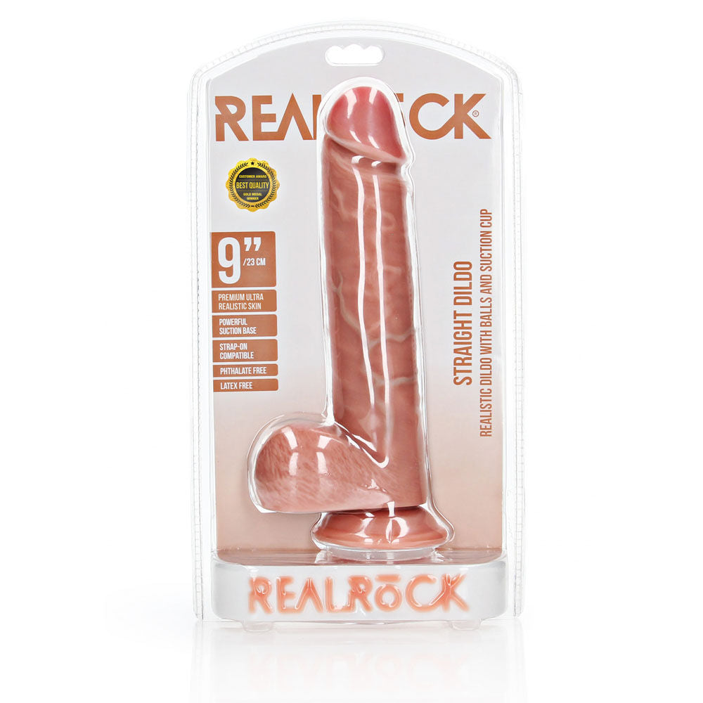 Realrock straight realistic flesh dildo - 9" -  box front view | Flirtybay-adult-store-australia